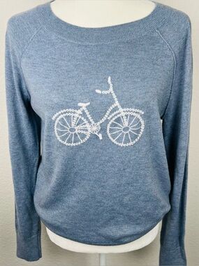 Loft Blue  Bicycle Embroidered Pullover Sweater